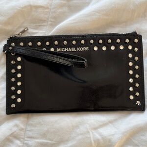 Michael Kors Black Patent Wristlet with Silver Accents